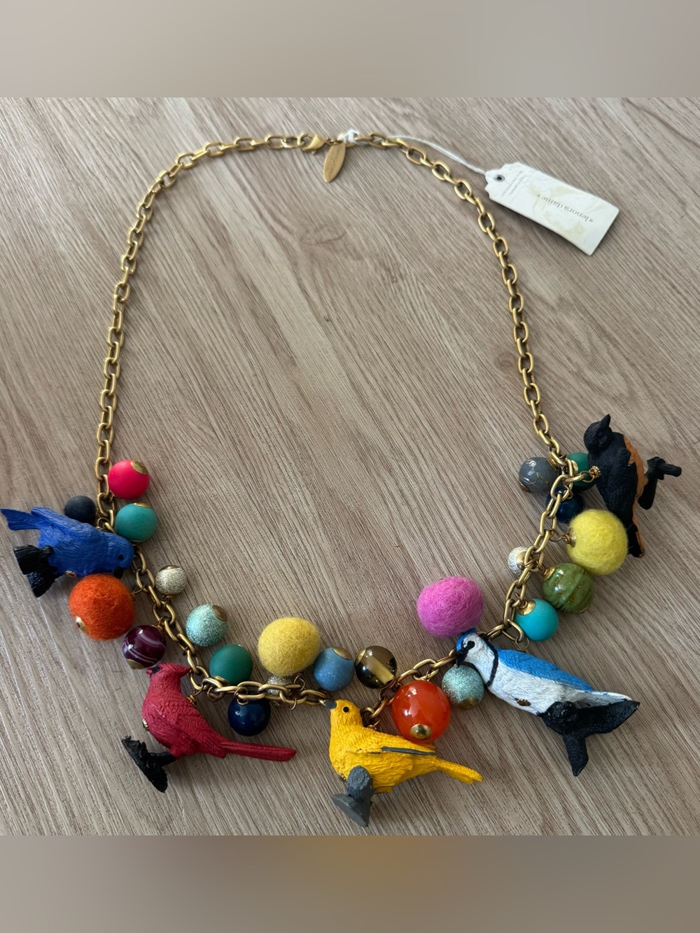 Lenora Dame Bird Charm chunky beaded whimsical gold chain link necklace NWT